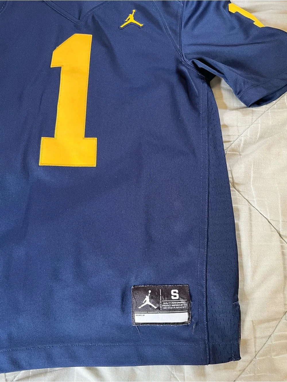 Jordan Navy and Yellow Football Jersey with Number 1